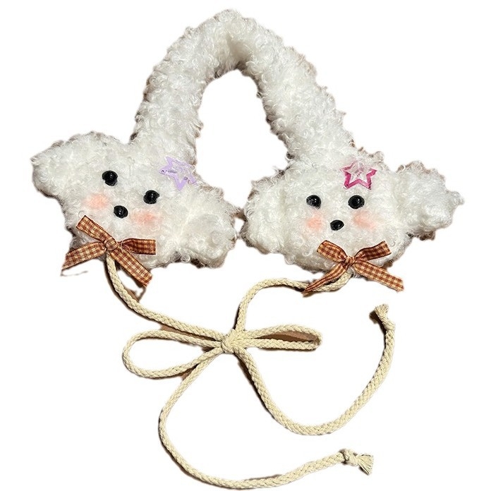 Dámske ušné ochrany – kučeravé plyšové šteniatko dizajn, hviezda s piatimi cípe mi, zimné teplo, základný štýl, jeseň 2024