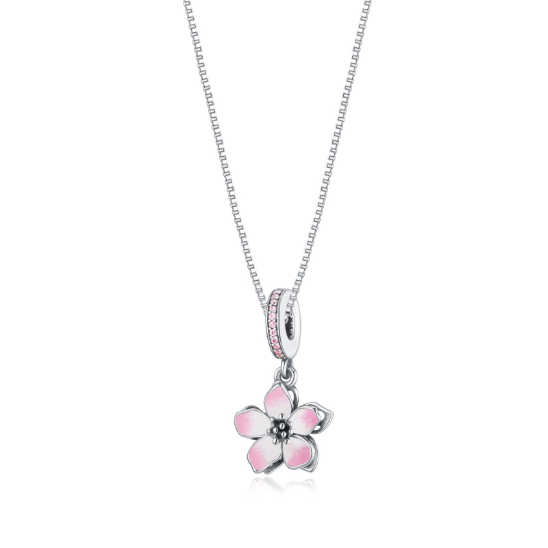 Colier cu floare de cireș, pandant detașabil, lanț tip box, din cupru alb placat cu argint, 10 g