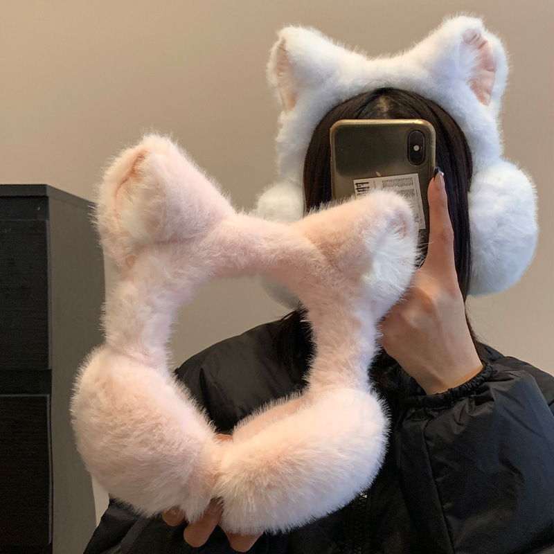 Macskafül plüss fülmelegítő nőknek, téli viselet, monokróm stílus
