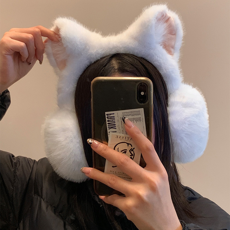 Macskafül plüss fülmelegítő nőknek, téli viselet, monokróm stílus