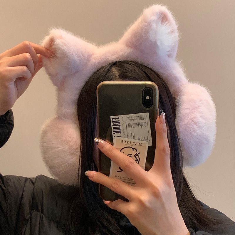 Macskafül plüss fülmelegítő nőknek, téli viselet, monokróm stílus