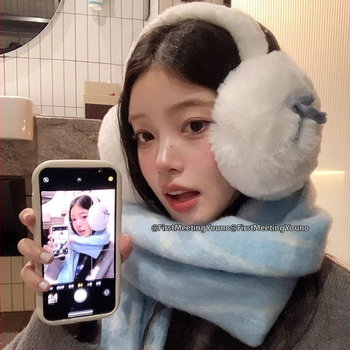 Pliušiniai ausų šildytuvai su kaspinėliu, korėjietiško stiliaus, unisex, žiemai, vienos spalvos raštas