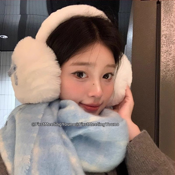 Pliušiniai ausų šildytuvai su kaspinėliu, korėjietiško stiliaus, unisex, žiemai, vienos spalvos raštas