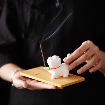 Keramikas kaķa formas smaržu degļa turētājs, rokas darbs, Dehua porcelāns, Yan Jun