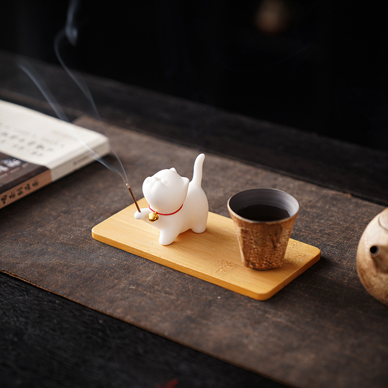 Keramikas kaķa formas smaržu degļa turētājs, rokas darbs, Dehua porcelāns, Yan Jun