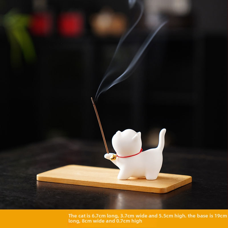 Keramikas kaķa formas smaržu un tamjānas turētājs – rokdarbs, Ķīnas stils, zīmols Yan Jun