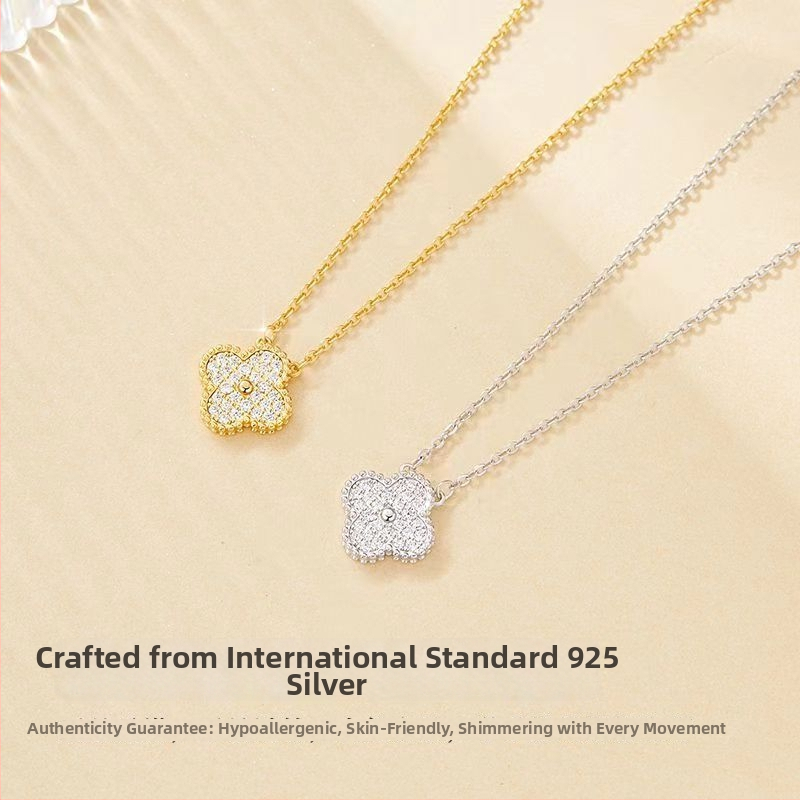 Kaklo papuošalas su keturkampio dobilo lapu iš sidabro 925 su deimantais — prabangus stilius, 2025 m. pavasario leidimas