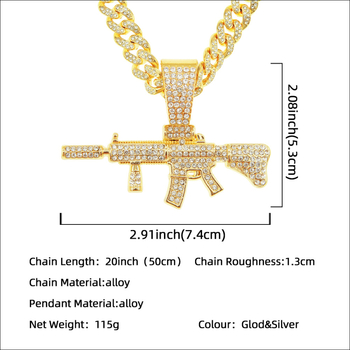 Fegyvermedálos nyaklánc, kubai lánc, ötvözet, gyémánt-beépítés, férfi hip-hop stílus