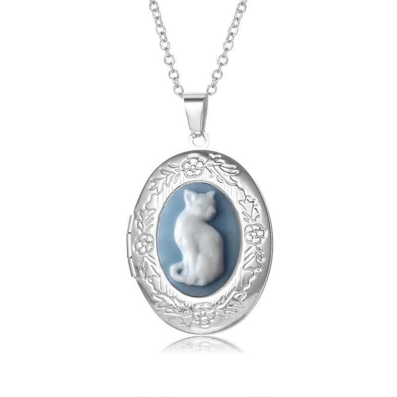 Ogrlica s mačjim motivom i ovalnim privjeskom, od 304 nerđajućeg čelika, crni baršunasti lanac, britski retro stil