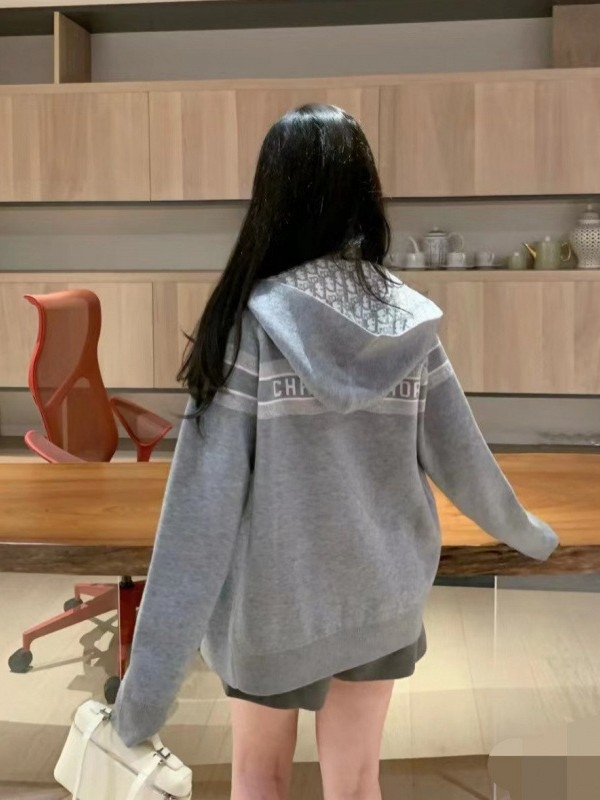 Дамски реверсивен кардиган с качулка, жакард с монограма от кашмир и вълна, лека и топла