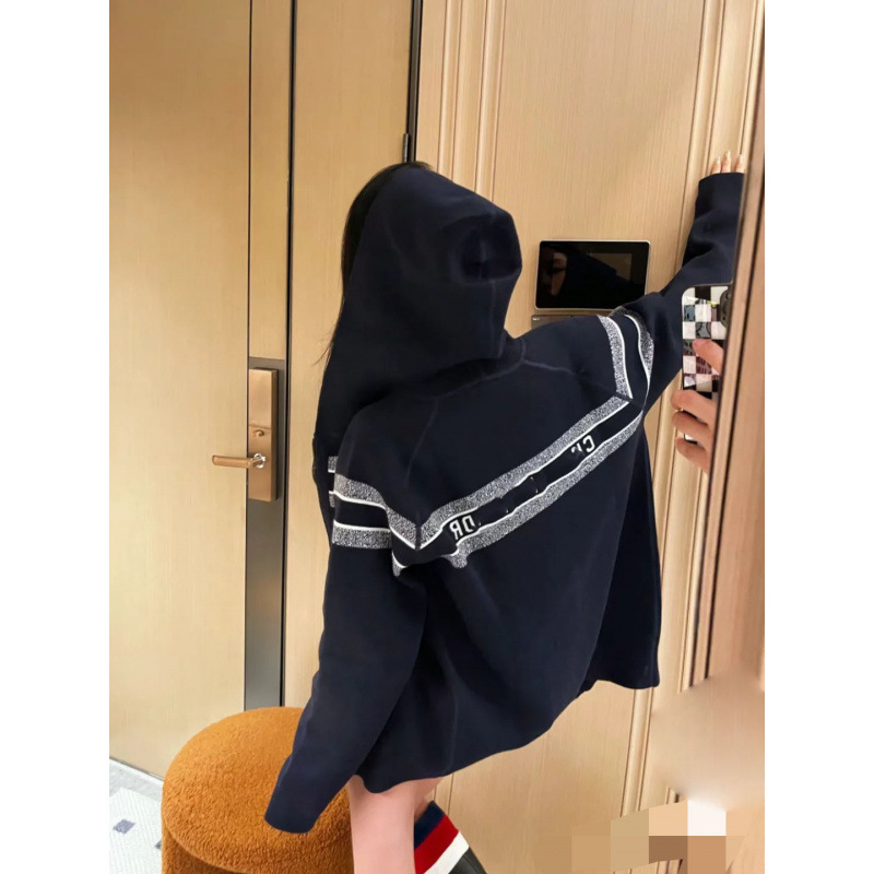 Дамски реверсивен кардиган с качулка, жакард с монограма от кашмир и вълна, лека и топла