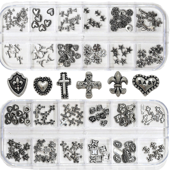 Decorațiuni pentru unghii: Model Cruce și Inimă, Cruce din aliaj metalic cu accente diamantate, Cutie cu 12 compartimente