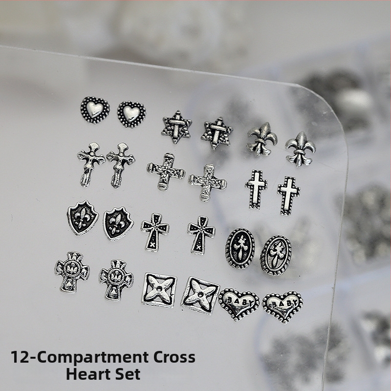 Nagu kunsti dekoratsioonid: Risti ja Südame muster, Metalliline risti sulam teemantaktsentidega, 12-kasti karp