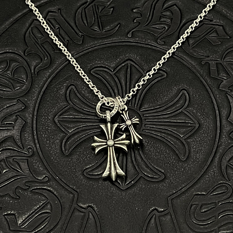 Ogrlica s dvostrukim križem na bambuskom lancu, metalni materijal, vintage stil, unisex, zima 2021