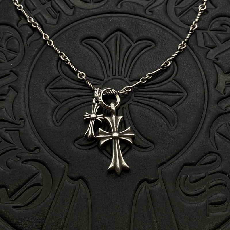 Ogrlica s dvostrukim križem na bambuskom lancu, metalni materijal, vintage stil, unisex, zima 2021