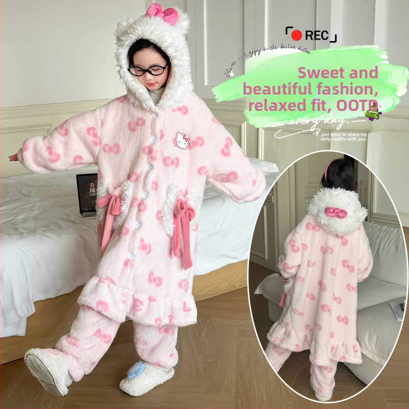 Meitenēm halāts ar kapuci no korāla fleksa, garš, biezs ziemai, silts mājas apģērbs