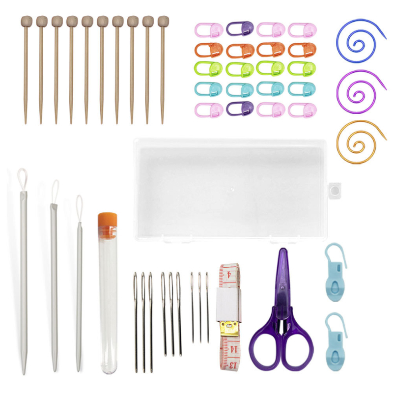 Μίνι σετ εργαλείων βελονοπλεκτικής για το χειροποίητο πλέξιμο — βελόνες μπαμπού, μαρκαδόροι και μικρά καρφάκια, συσκευασία 200 τεμ, 63 g, προέλευση Zhejiang