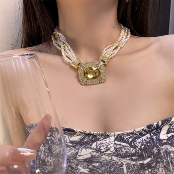 Колие с кристална висулка и перлена ключица, еднослойна винтовидна верига, метална сплав, стил инфлуенсър