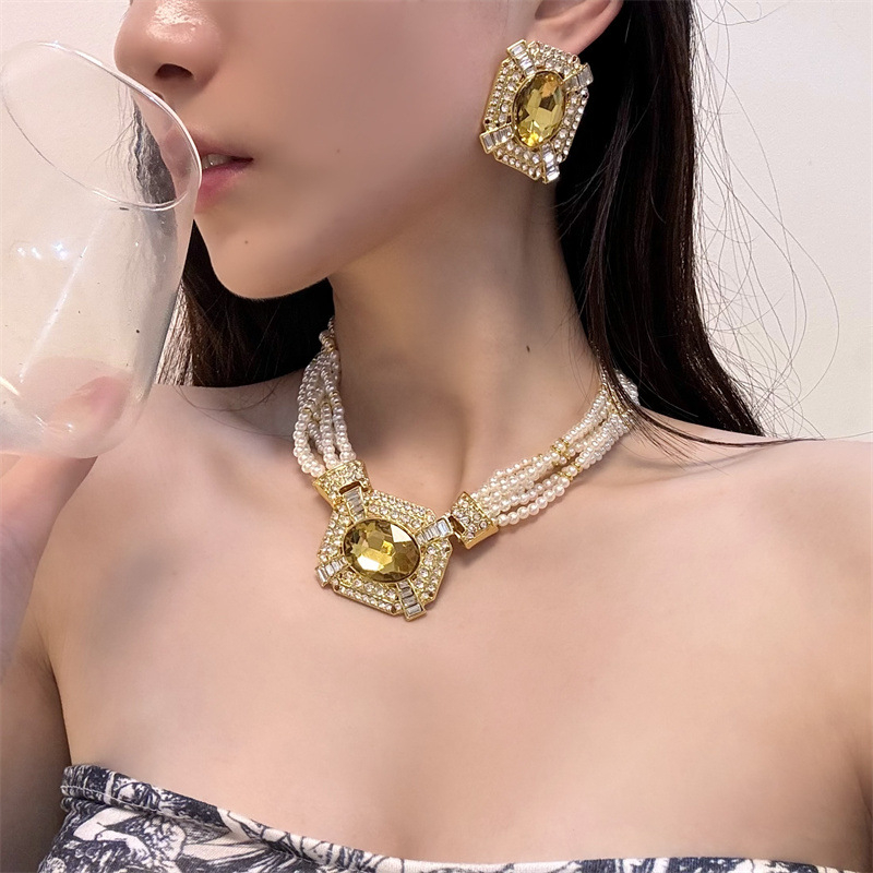 Колие с кристална висулка и перлена ключица, еднослойна винтовидна верига, метална сплав, стил инфлуенсър