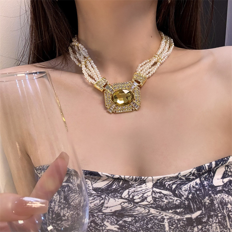 Колие с кристална висулка и перлена ключица, еднослойна винтовидна верига, метална сплав, стил инфлуенсър