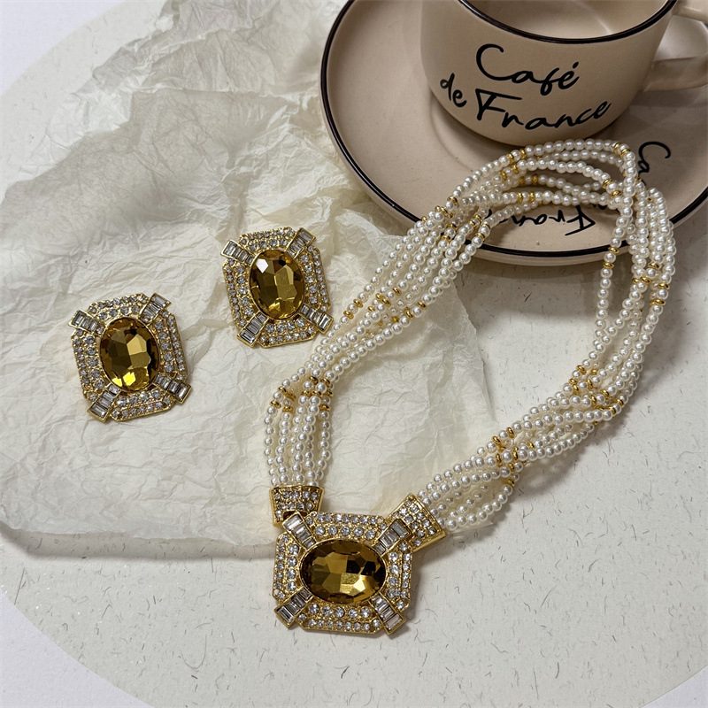 Колие с кристална висулка и перлена ключица, еднослойна винтовидна верига, метална сплав, стил инфлуенсър