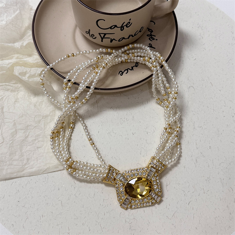 Колие с кристална висулка и перлена ключица, еднослойна винтовидна верига, метална сплав, стил инфлуенсър