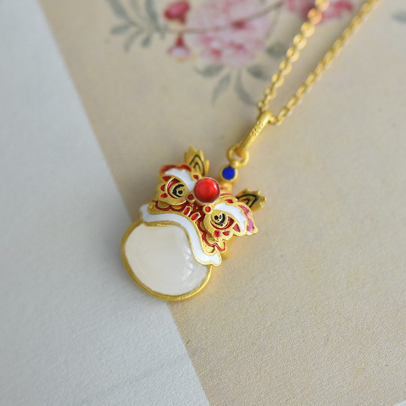 Медна огърлица с висулка лъв, У-образен геометричен дизайн, етнически стил, дължина на веригата 41-50 см, унисекс, издание пролет 2025