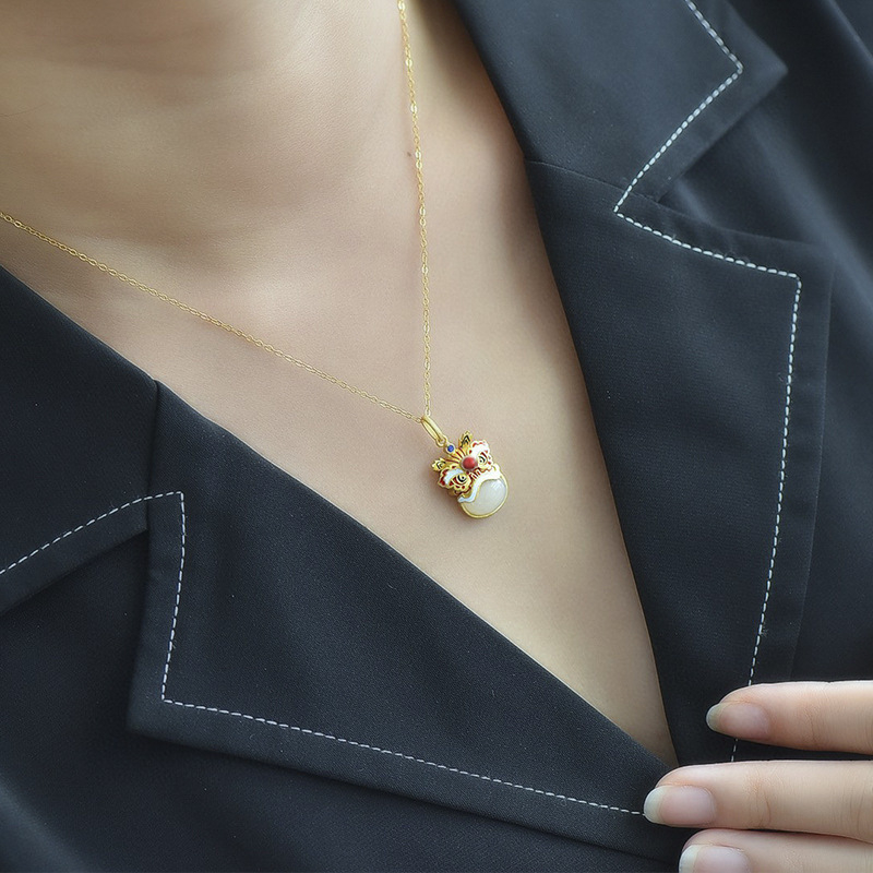 Медна огърлица с висулка лъв, У-образен геометричен дизайн, етнически стил, дължина на веригата 41-50 см, унисекс, издание пролет 2025