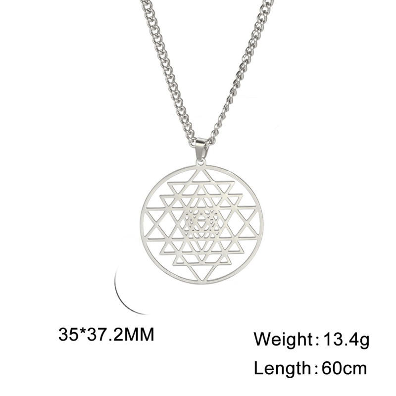 Колие от неръждаема стомана с геометрична висулка: изрязана куха кръгла висулка и преплетен триъгълник, висулка от титиева стомана, кръстова верига, тегло 13,4 g