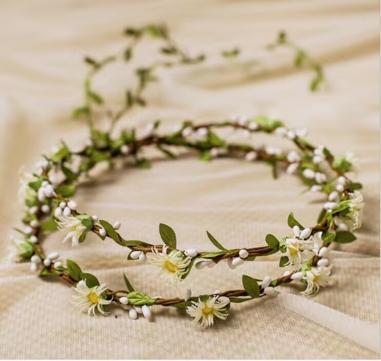 Korejski Mori vijenci za kosu s malim tratinčicama, dvostruki sloj od ratana, dodatak za fotosesije na obali