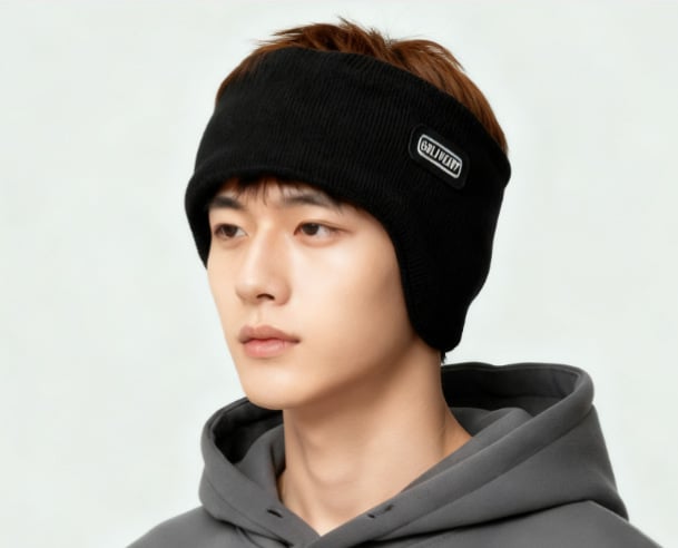 Galvos uždengti ausų šildytuvai, skirti lauko naudojimui rudenį ir žiemą, pūkų medžiaga, vienos spalvos raštas, išlaiko šilumą