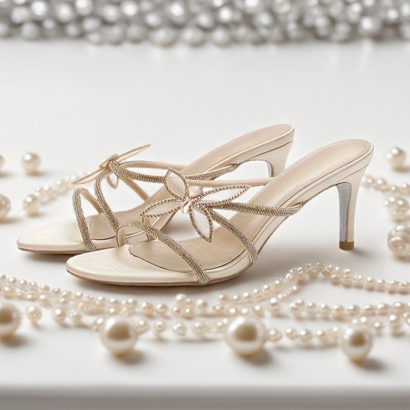 Moteriški sandalai su plonu kulnu — fėjų stilius, apvalus priekis, kulno aukštis 3–6 cm, viršus iš mikropluošto