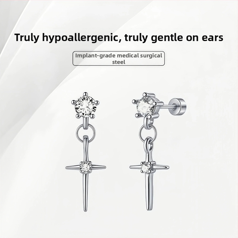 Náušnice s krížom a strapkami z titánovej ocele, syntetický kubický zirkón, pozlátené, unisex — Simang Jewelry