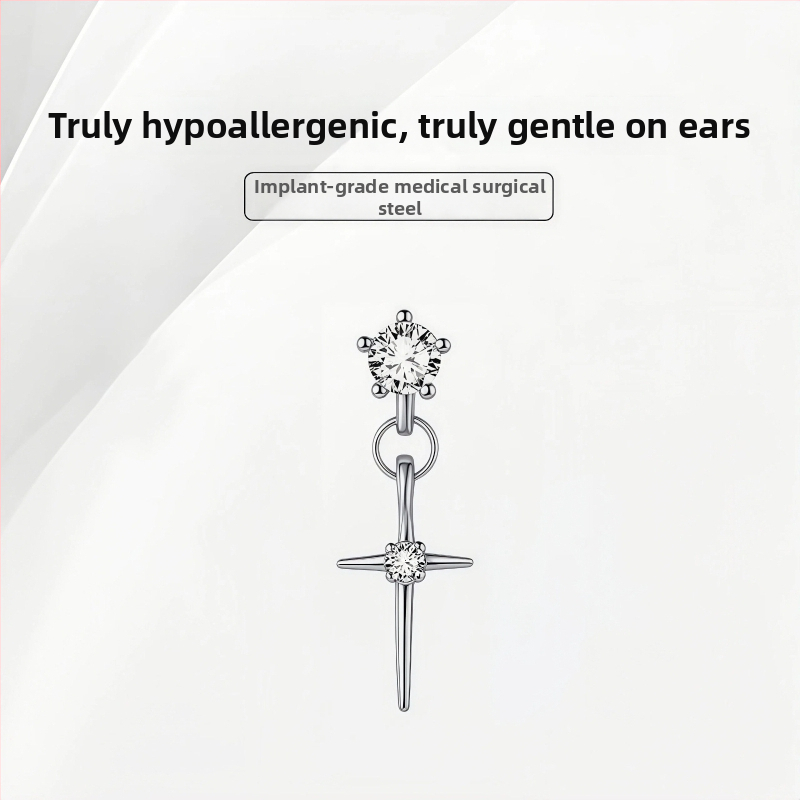 Náušnice s krížom a strapkami z titánovej ocele, syntetický kubický zirkón, pozlátené, unisex — Simang Jewelry