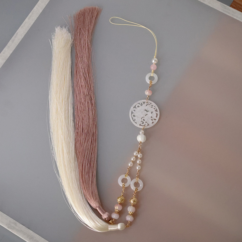 Hanfu doplnok s dlhými strapcami a pandantom z acetátu jade, ručne vyrobené, plast/živica, geometrický štýl