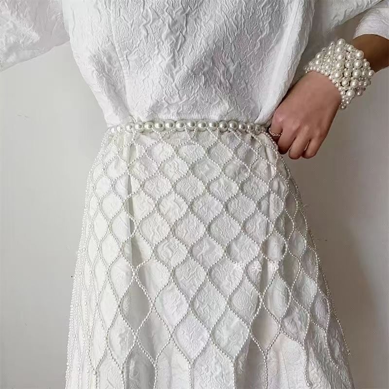 Pojasna lanac s perlama za žene — resice, geometrijski oblik, Chanel inspiriran stil, ručna izrada