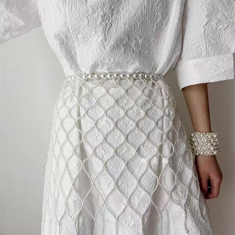 Pojasna lanac s perlama za žene — resice, geometrijski oblik, Chanel inspiriran stil, ručna izrada