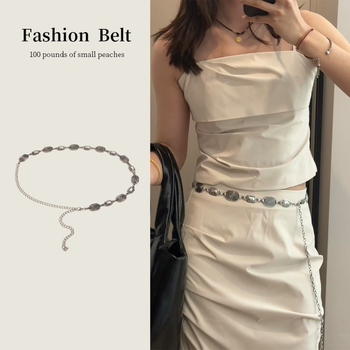 Lanț talie cu bandă metalică – stil retro-etnic, cataramă simplă, lungime 100 cm, accesoriu versatil pentru toate sezoanele