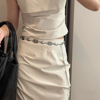 Lanț talie cu bandă metalică – stil retro-etnic, cataramă simplă, lungime 100 cm, accesoriu versatil pentru toate sezoanele