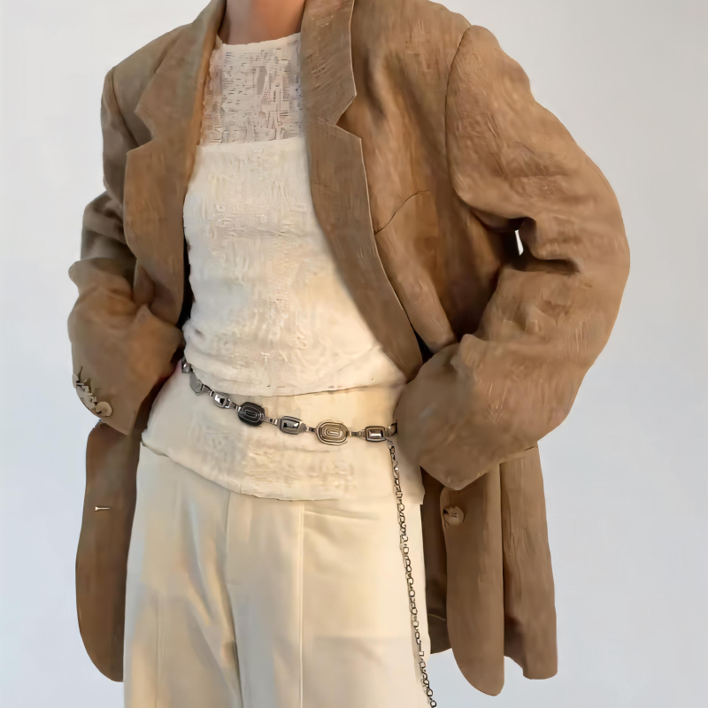 Lanț talie cu bandă metalică – stil retro-etnic, cataramă simplă, lungime 100 cm, accesoriu versatil pentru toate sezoanele