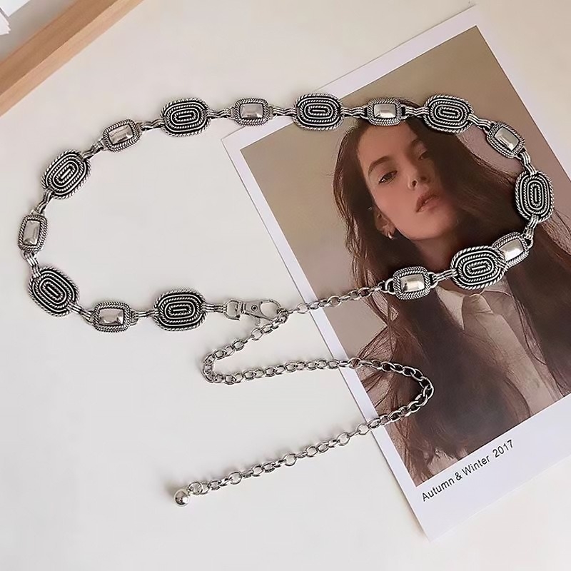 Lanț talie cu bandă metalică – stil retro-etnic, cataramă simplă, lungime 100 cm, accesoriu versatil pentru toate sezoanele