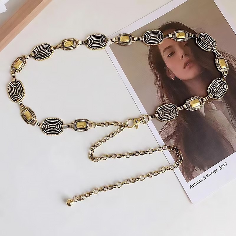 Lanț talie cu bandă metalică – stil retro-etnic, cataramă simplă, lungime 100 cm, accesoriu versatil pentru toate sezoanele