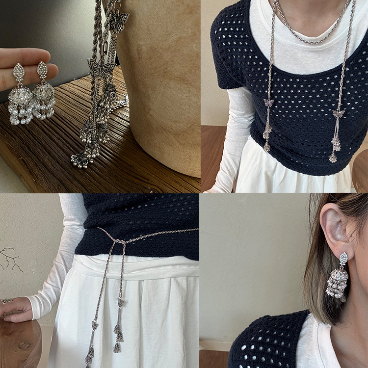 Pribor: naušnice s resicama od bisera, geometrijski dizajn, umetni kameni, titan čelik, dugačka ogrlica i lanac za struk