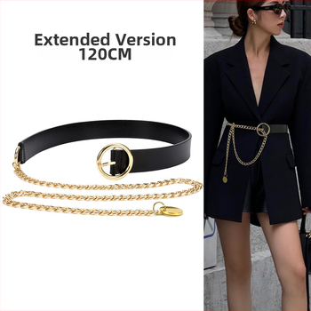 Lanț talie femei cu decor din lanț – piele naturală, două straturi de piele de vițel, lungime 105–120 cm, stil universal