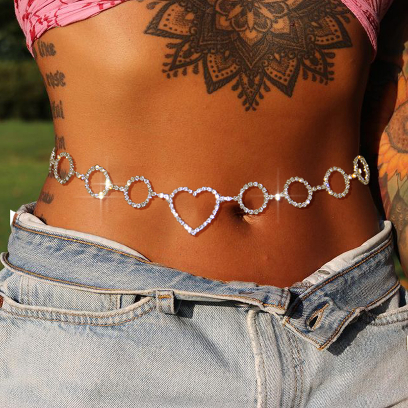 Pojas za struk s okruglim srcem motivom, legura s bijelim kristalima, geometrijski dizajn