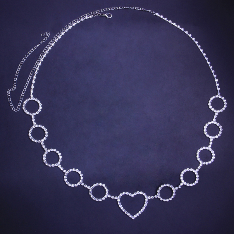 Pojas za struk s okruglim srcem motivom, legura s bijelim kristalima, geometrijski dizajn