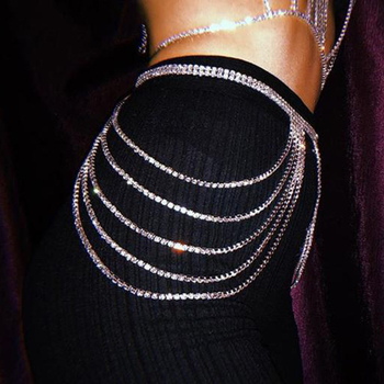 Telový reťaz s viacvrstvovým dizajnom z rhinestones, elektroplátovaný zliatin, biele kryštály, geometrický dizajn v páse a bokoch