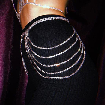 Telový reťaz s viacvrstvovým dizajnom z rhinestones, elektroplátovaný zliatin, biele kryštály, geometrický dizajn v páse a bokoch
