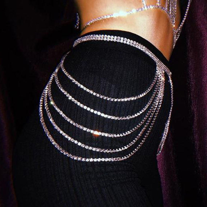 Telový reťaz s viacvrstvovým dizajnom z rhinestones, elektroplátovaný zliatin, biele kryštály, geometrický dizajn v páse a bokoch