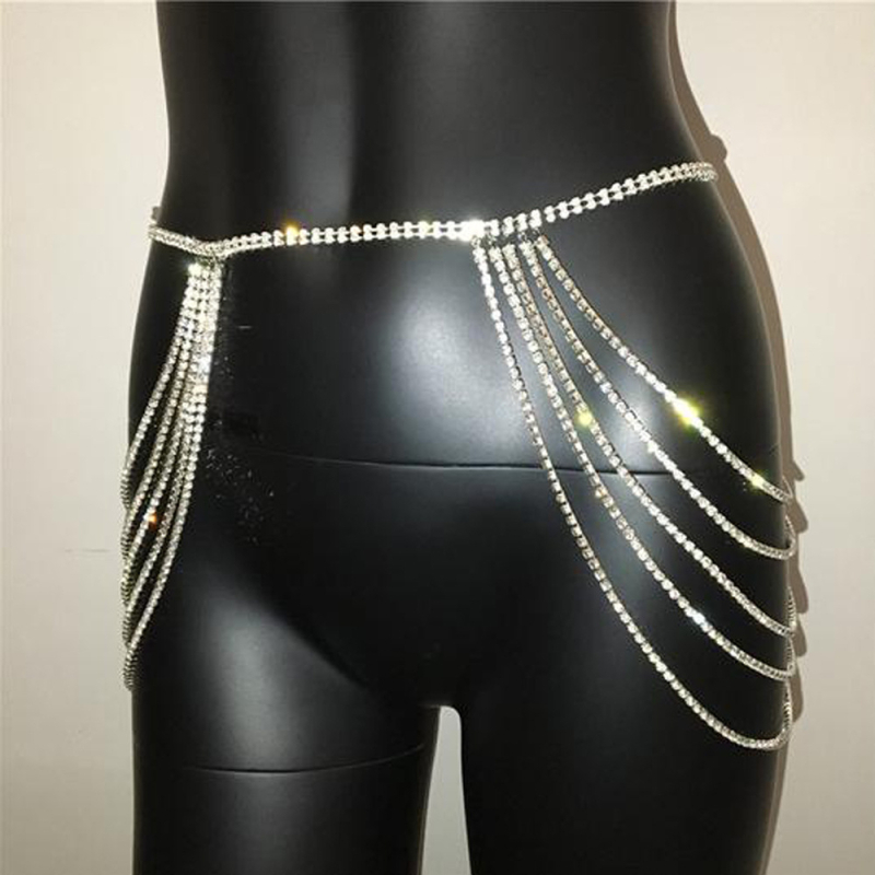 Telový reťaz s viacvrstvovým dizajnom z rhinestones, elektroplátovaný zliatin, biele kryštály, geometrický dizajn v páse a bokoch